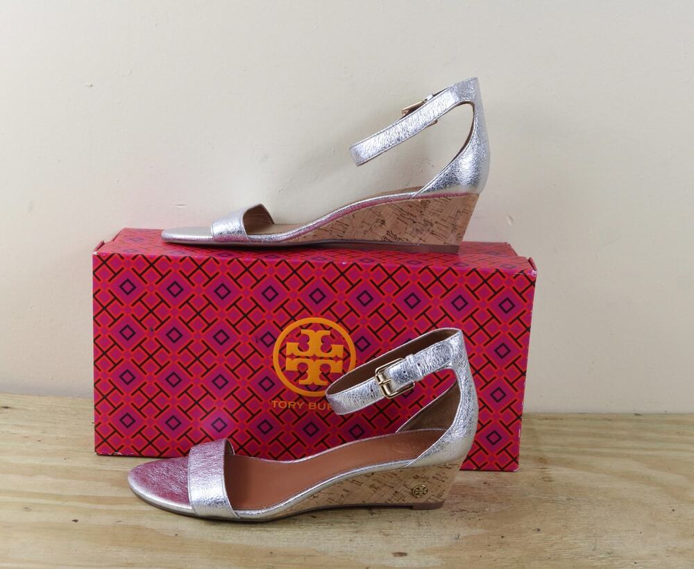 New Tory Burch Sandals Womens 6.5 Silver Metallic Leather Savannah Wedge Shoes
